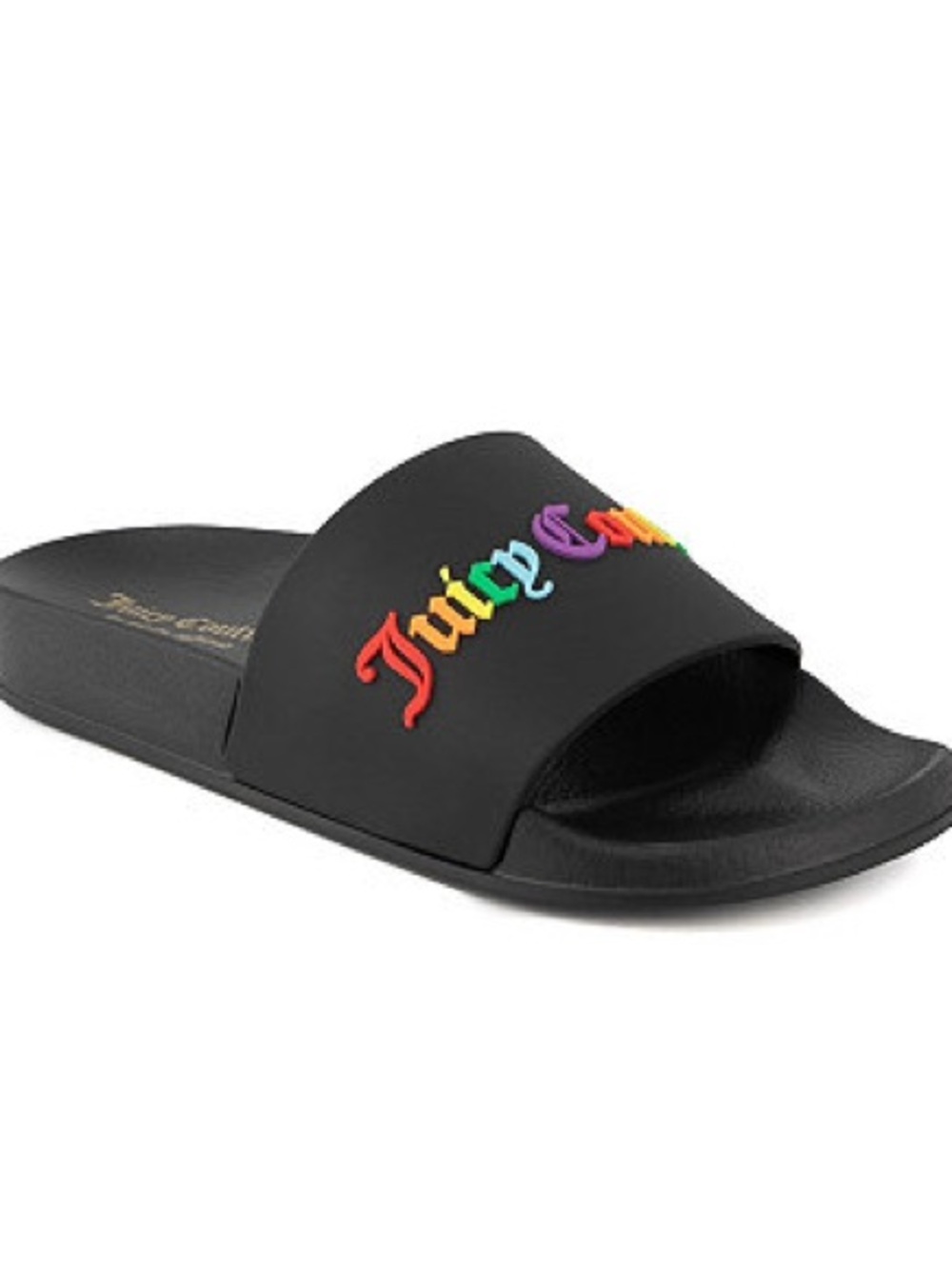 New NWT Juicy Couture Women’s Black Slides Sandals Colorful Logo in Size Sz. 8